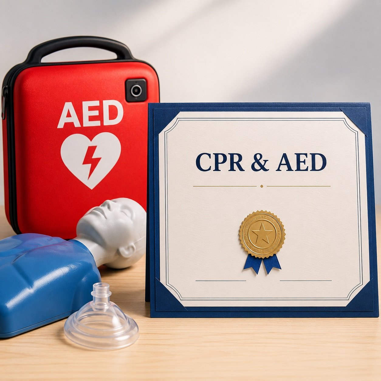CPR and AED certificate beside an AED unit and training manikin