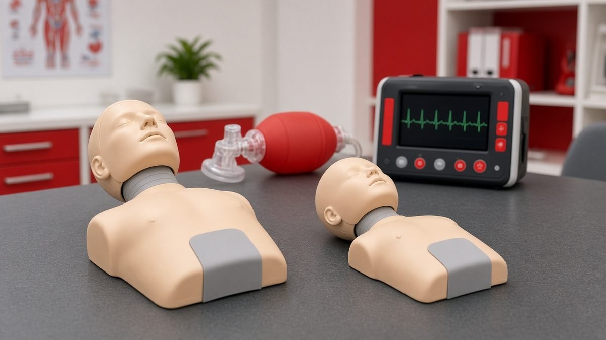 Adult and infant CPR manikins side by side in an advanced life support training room