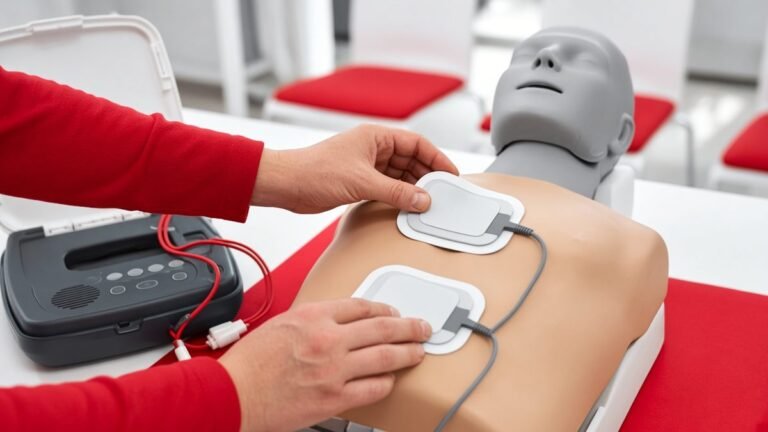 Hands placing AED training pads on a CPR manikin's chest