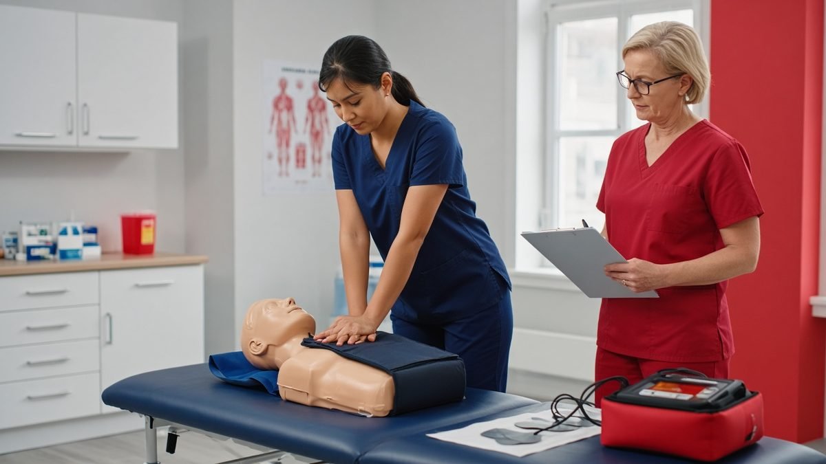 Student doing chest compressions on a manikin with an AED trainer during a BLS skills check