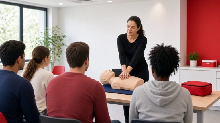 Instructor demonstrating chest compressions on a manikin at the front of a CPR class