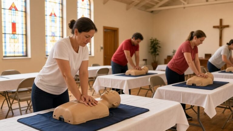 Church volunteers practicing CPR on manikins in a fellowship hall