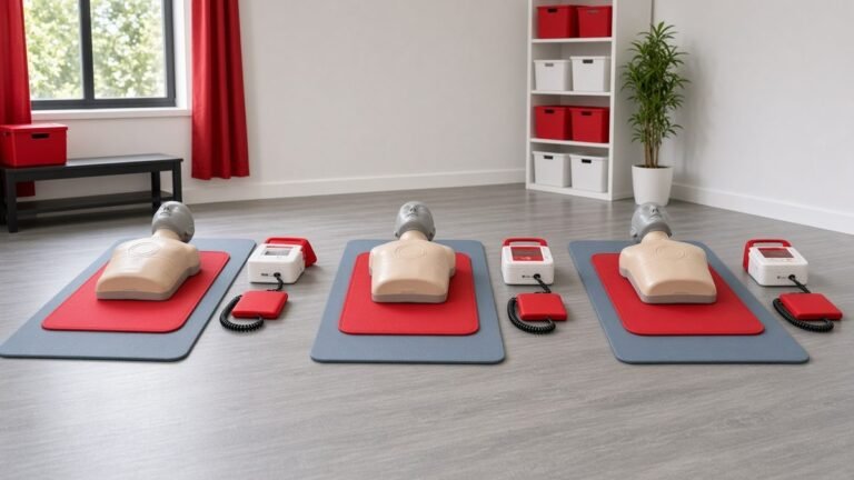 Three CPR manikins lined up on a training room floor with AED trainers