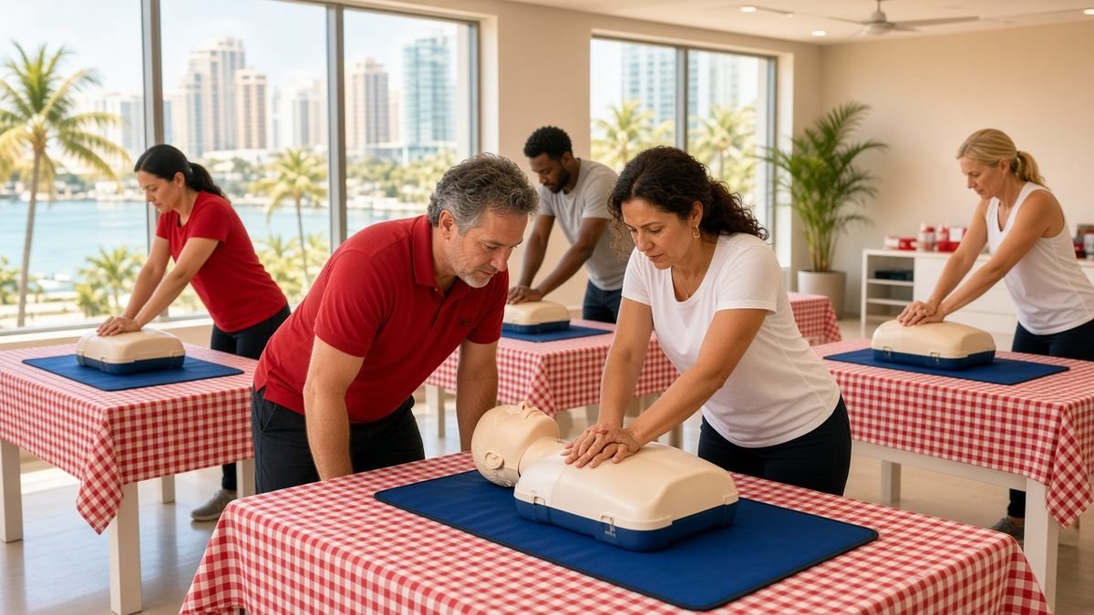 Instructor guiding students through CPR practice on manikins in a bright Miami training classroom