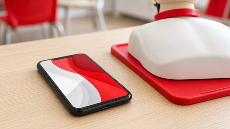 Smartphone showing a digital training card beside a CPR manikin on a classroom table