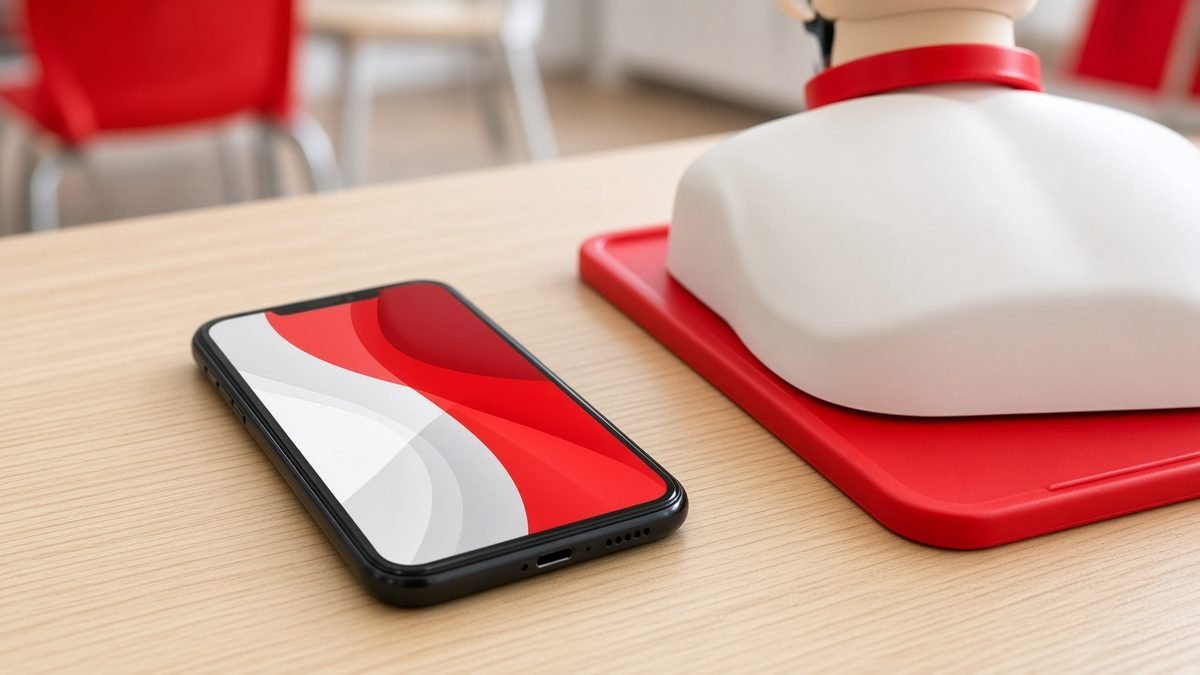 Smartphone showing a digital training card beside a CPR manikin on a classroom table