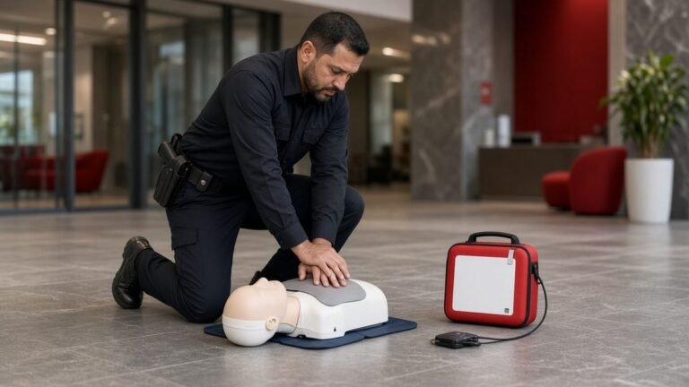 Uniformed security officer practicing CPR on a manikin next to an AED trainer