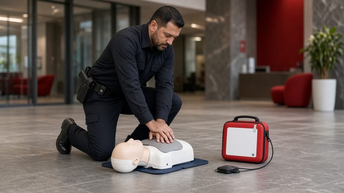 Uniformed security officer practicing CPR on a manikin next to an AED trainer